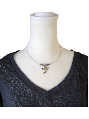 Vintage Omega Chain 2-Blue Beads Silver Tone Frog Pendant Necklace